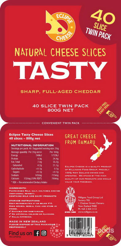 Milligans NZ Tasty Cheddar Slice Cheese 800g