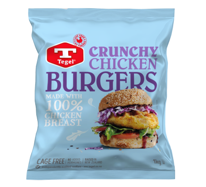 Tegel Free Range Crunchy Chicken Burger Patties 1kg,  average 10pc