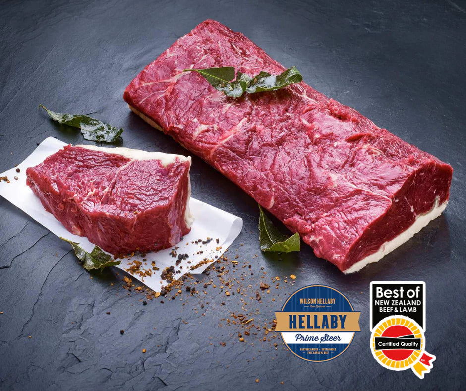 Hellaby NZ FROZEN Prime Steer Beef STRIPLOIN, average weight 3-3.5kg piece, price per kg