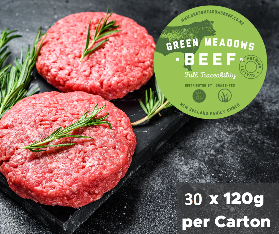 Green Meadows, Angus Beef Burger Patties 120g x30, 3.6kg per box